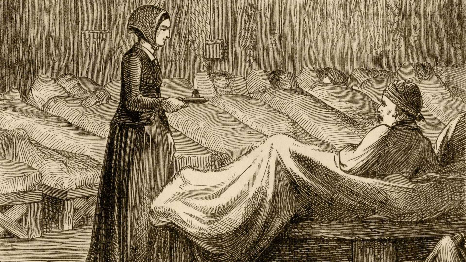 Stampa con Florence Nightingale che cura dei malati